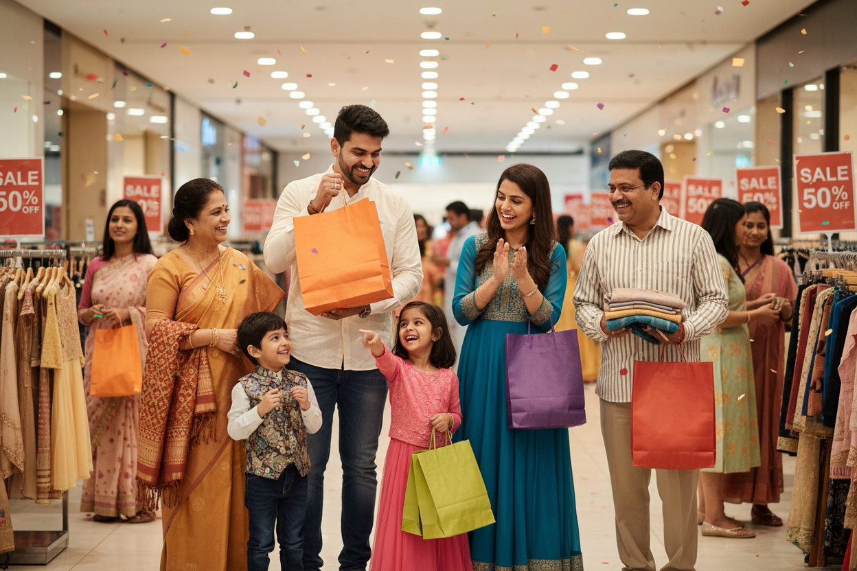 Hapy Indian family enjoying sale